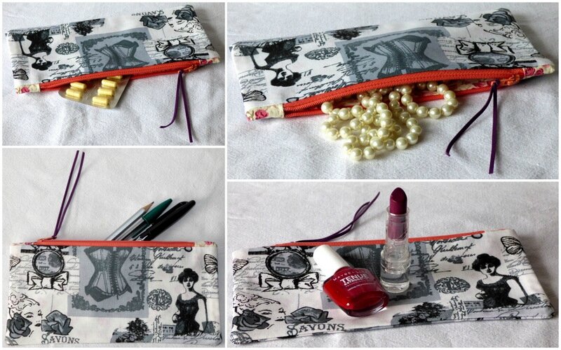 trousse plate rétro gris zip corail1