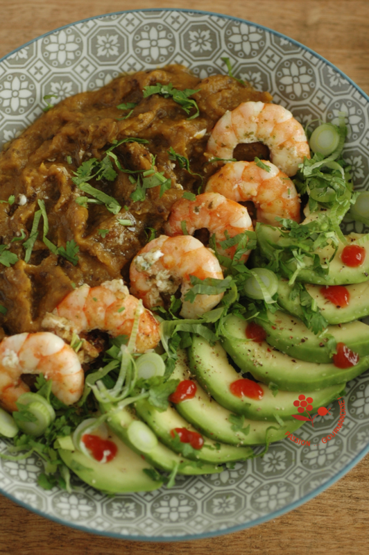Purée d'aubergines aux épices, crevettes ail & coriandre, avocat_6