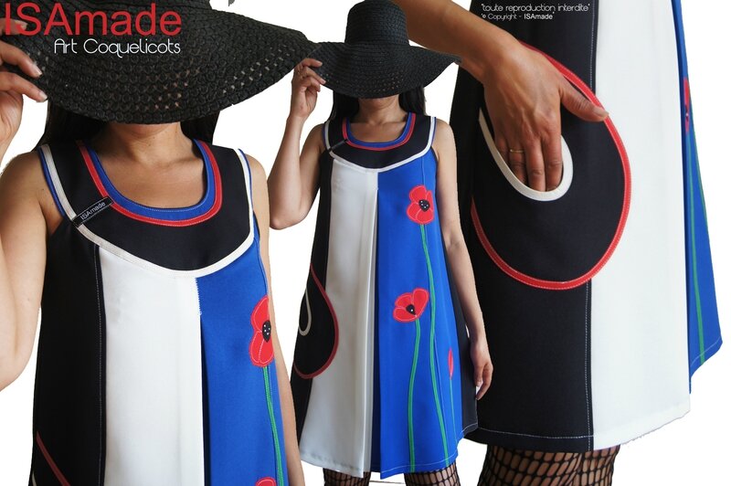 MOD 432A robe trapeze createur bleu blanc rouge graphique fleurie coquelicot made in france