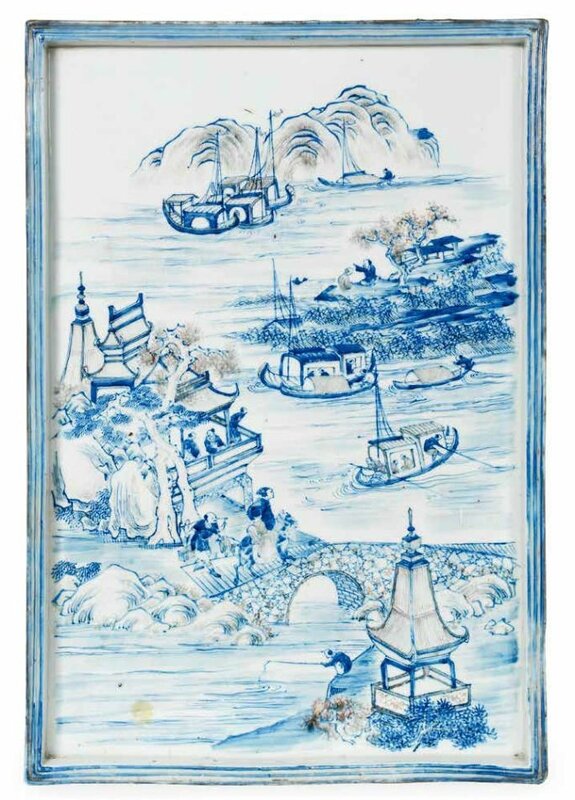 A blue and white and copper-red 'landscape' plaque, Kangxi period (1662-1722)