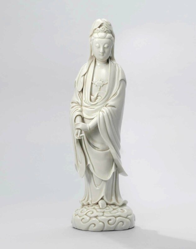 A rare Dehua standing figure of Guanyin , Ming dynasty, 16th-early 17th century, impressed He Chaozong mark 