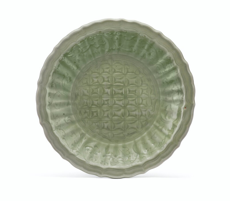 A carved Longquan celadon bracket-lobed dish, Ming dynasty, 14th-15th century