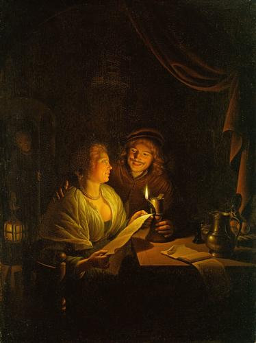Gerrit Dou (Leiden 1613-Leiden 1675) - A Couple Reading by Candlelight