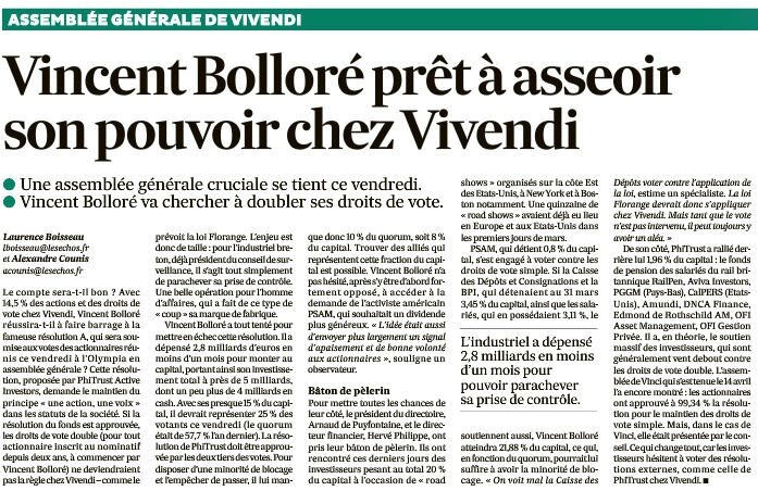 Bolloré prêt à asseoir son pouvoir chez Vivendi Les Echos 17 avril 2015