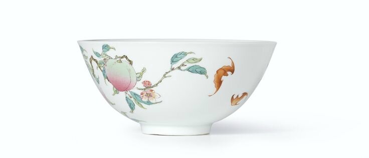 An extremely rare and superbly enamelled pair of Famille-Rose 'Peach' bowls, Marks and period of Yongzheng (4)