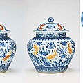 A very rare enamelled blue <b>and</b> white 'fish' <b>jar</b> <b>and</b> <b>cover</b>, Jiajing six-character mark <b>and</b> of the period (1522-1566)