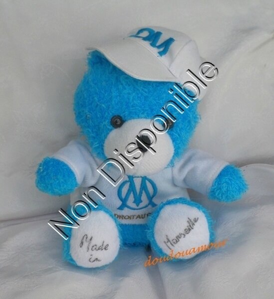 Peluche Mascotte Doudou Ours Teddy Bleu Et Blanc Casquette Assis Club Football OM Olympique Marseille