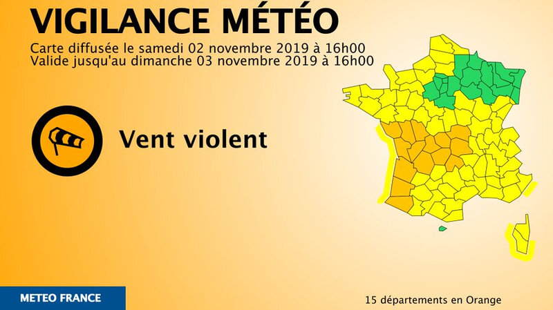 19 11 02 Tempête de vent violent 15 départements en alerte 10 à 140 kmh