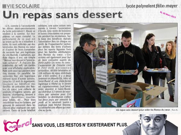 Un repas sans dessert au lycée Félix-Mayer pour aider les Restos du Coeur Naborien