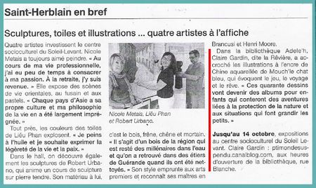 Article Ouest-France Claire Gardin - jeudi 6 octobre 2011- expo csc Soleil - Levant