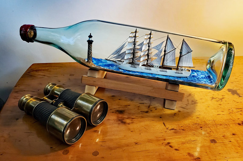 ship-in-bottle-Jack-ass-Barque-OLYMPIC-off-Boon-Rock-lighthouse-jim-campbell--marine-art-for-sale-6