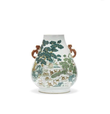 A famille rose 'hundred deer' vase, hu, Qianlong seal mark, 19th century