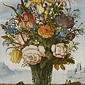 Balthasar van der Ast, Flower bouquet on a ledge, together with a shell and a grasshopper, a panoramic landscape beyond