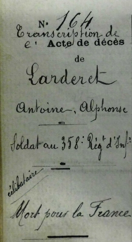 LARDERET Antoine, transcription de l'acte de décès (1)