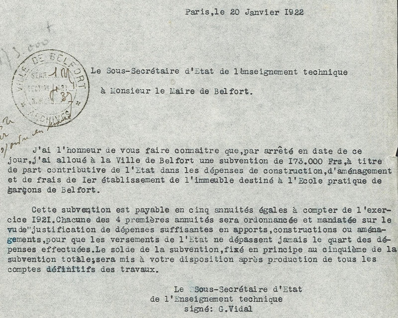 1922 01 20 Courrier Sous-secrétaire d'Etat Vidal à Maire R