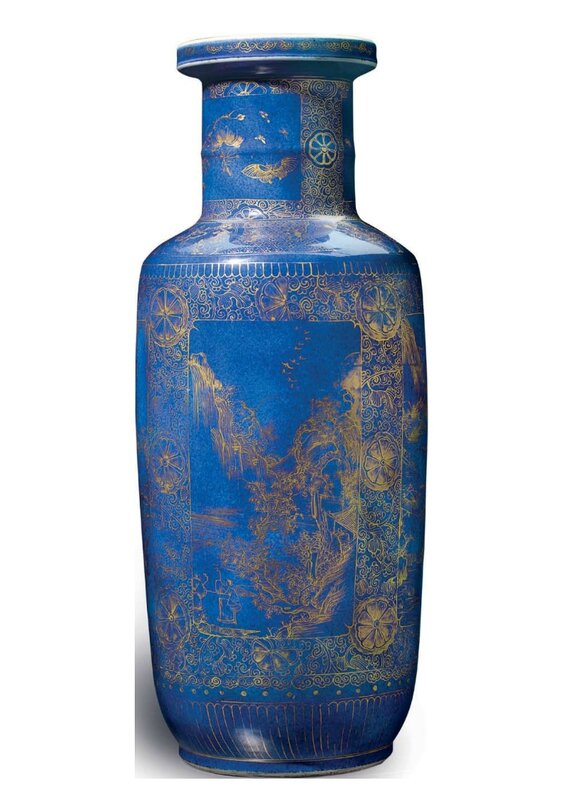 A gilt-decorated powder-blue ground rouleau vase, China, Qing dynasty, Kangxi period (1662-1722)