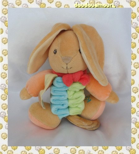 Doudou Peluche Lapin Musical Accordéon Beige Vert Bleu Anneau Bois Kaloo