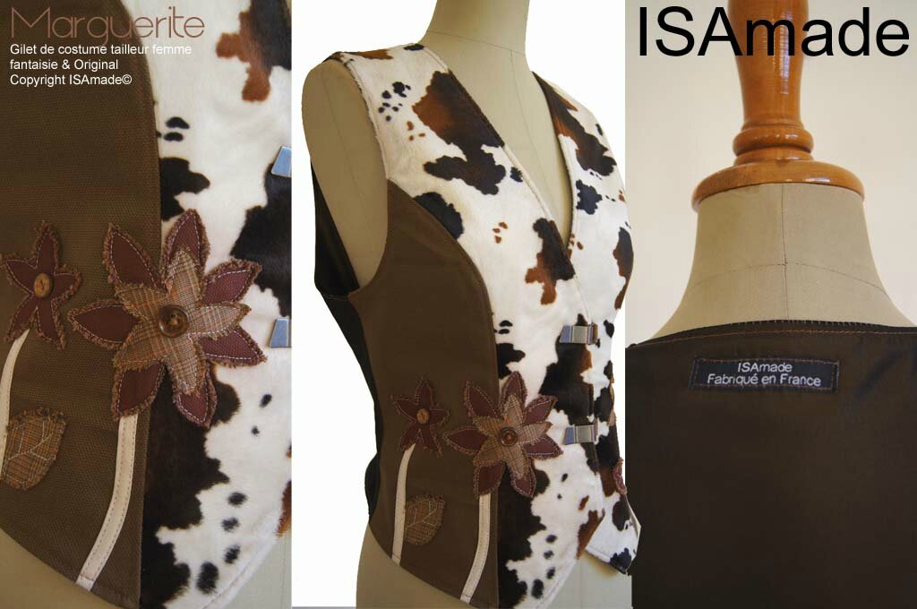 Gilet sans manches Fourrure vache marron bordeaux fleurs mod 05C