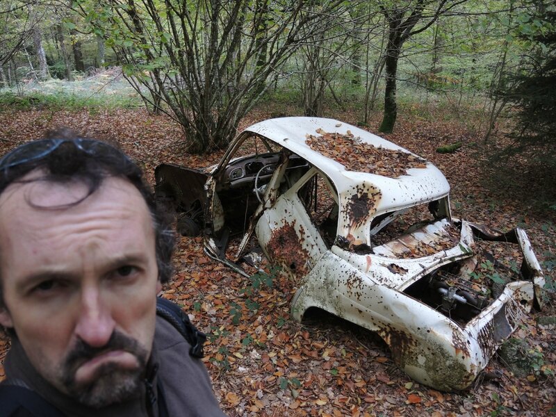 Jénorme et carcasse de voiture, forêt du Morvan (58)