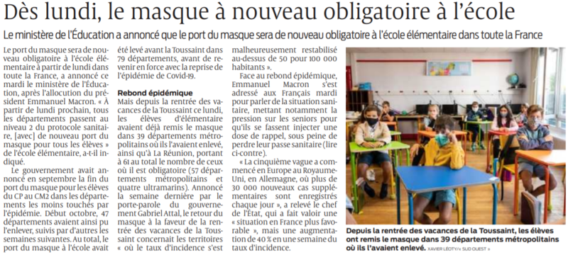 2021 11 11 SO Dès lundi le masque à nouveau obligatoire à l'école