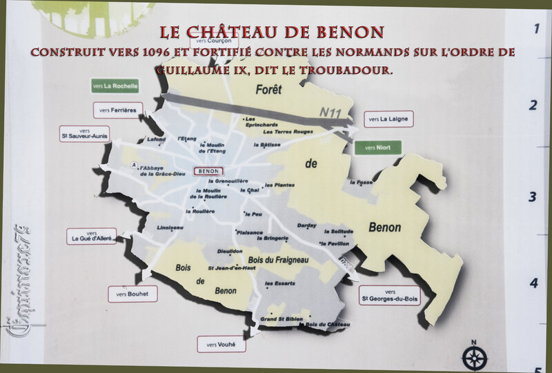 Le Château de Benon est construit vers 1096 et fortifié contre les Normands sur l'ordre de Guillaume IX, dit Le Troubadour