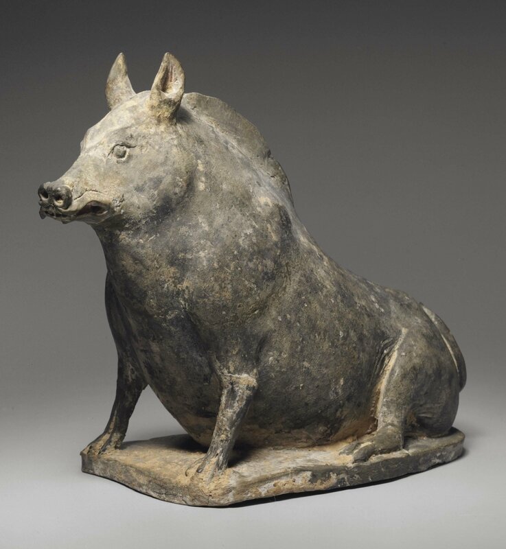 A grey pottery model of a seated boar, Northern Wei dynasty, early 5th century