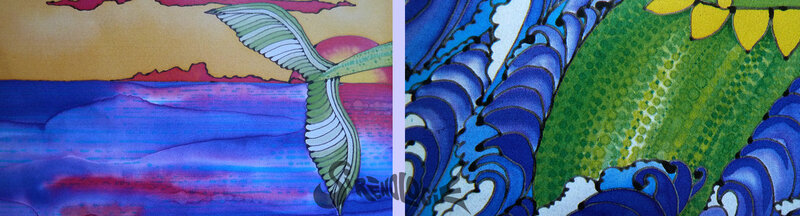 la reine des poissons - Mimi et Clémentine Barthélémy - détails peinture sur soie écailles et vagues