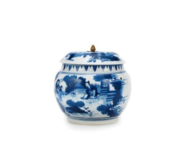 A blue and white 'scholars offerings' jar and cover, Chongzhen, circa 1640