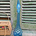 Grande Bouteille Italienne Verre Bleu Vintage / Carafe d'Empoli à Bulles