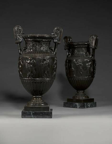 A Pair of Bronze and Marble Townley Vases A Pair of Bronze and Marble Townley Vases