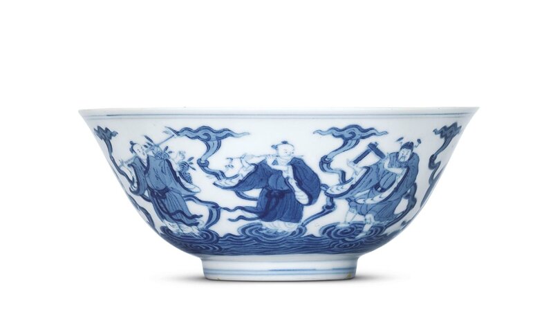 A fine blue and white 'Eight Immortals' bowl, Daoguang six-character seal mark in underglaze blue and of the period (1821-1850)