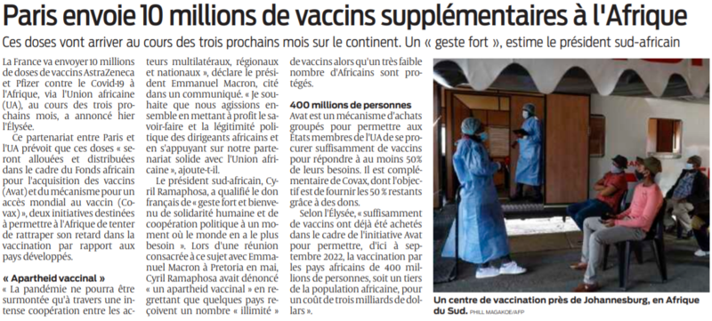 2021 08 31 SO Paris envoie 10 millions de vaccins supplémentaires à l'Afrique