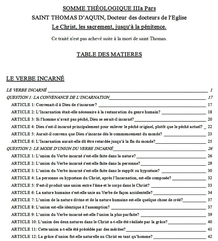 Somme Théologique, Tertia Pars, début des questions