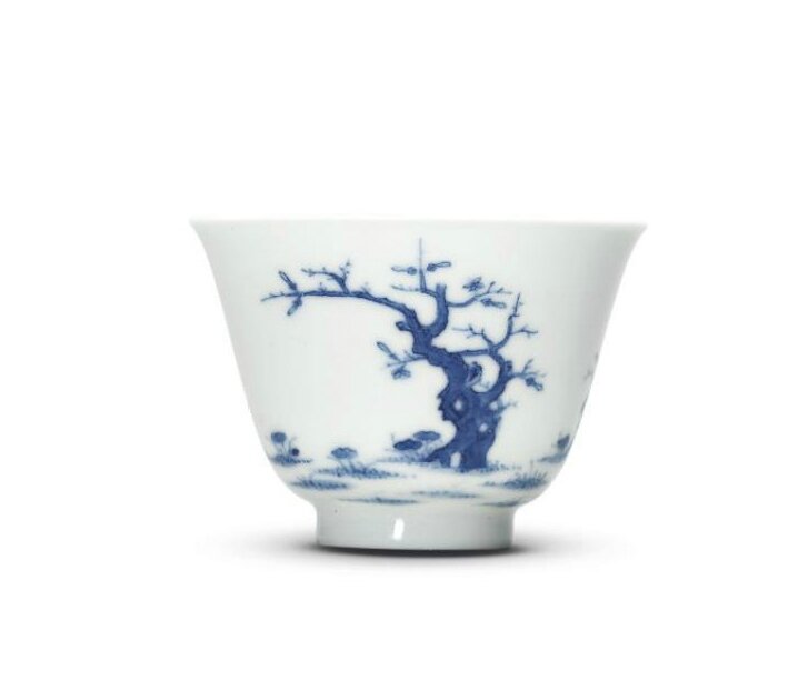 A fine rare blue and white 'Magnolia' month cup, Kangxi six-character mark within a double circle and of the period (1662-1722)