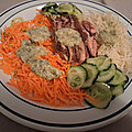 Salade composée au thon de frégate et aux légumes râpés ( carottes, chourave, concombre, oignons )