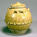 Celadon glazed jar with six handles and design of lotus petals, Southern Dynasties, <b>5th</b>-<b>6th</b> <b>century</b>