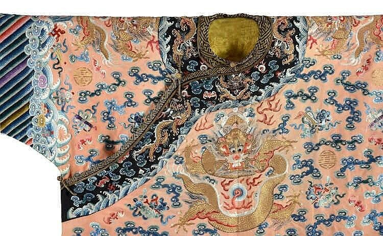 A rare embroidered Imperial apricot ground twelve symbols dragon robe, jifu, 19h century5