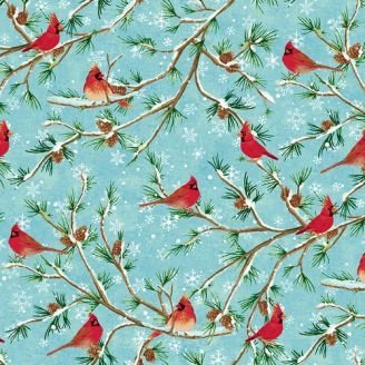 tissu-patchwork-oiseau-cardinal-fond-bleu-ciel-enneige-winterwood