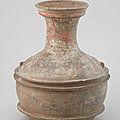 Hu storage jar with figural <b>decoration</b>, Han dynasty, 2nd–1st century BC