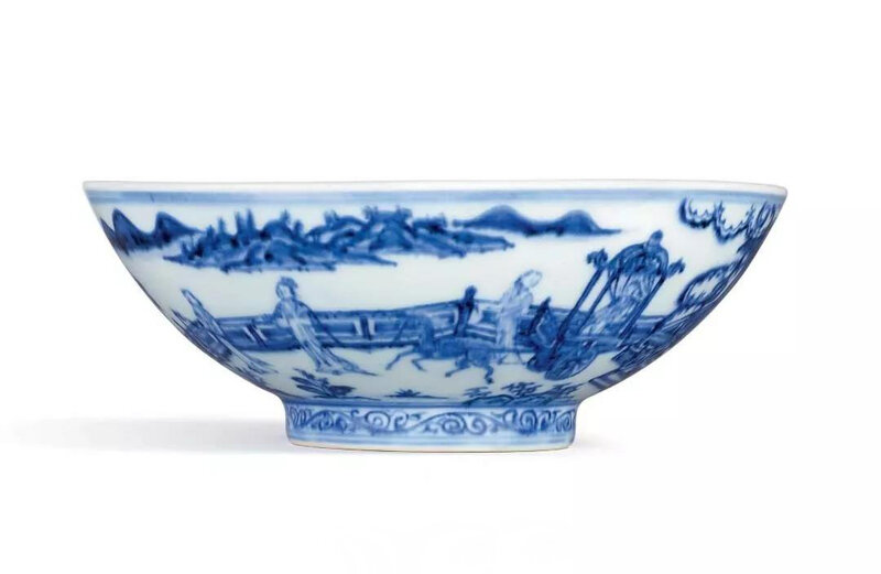 A fine and rare Ming-style blue and white 'figures' bowl, Qing dynasty, Kangxi period (1662-1722)