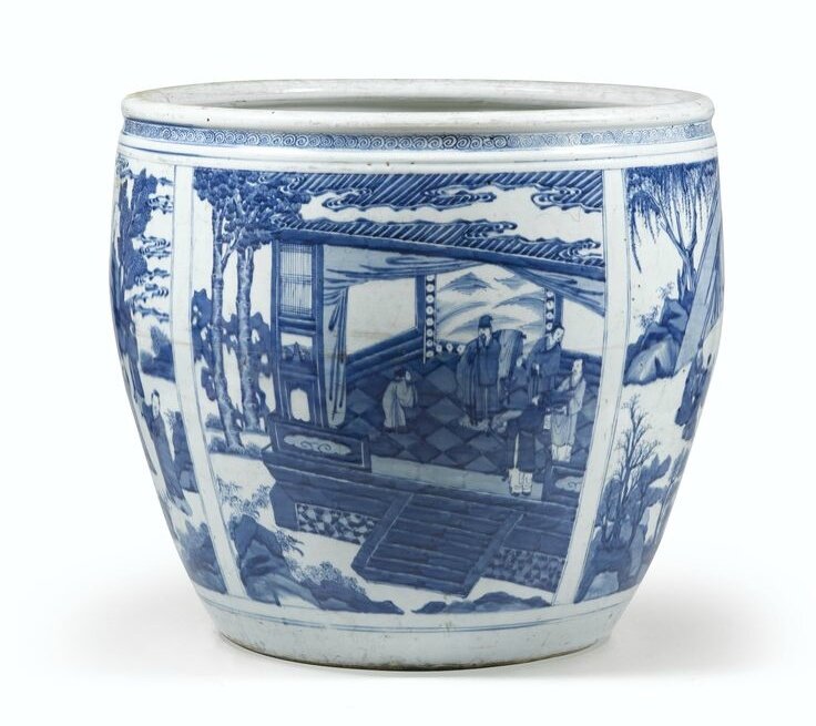 Grande vasque en porcelaine bleu blanc Dynastie Qing, époque Kangxi