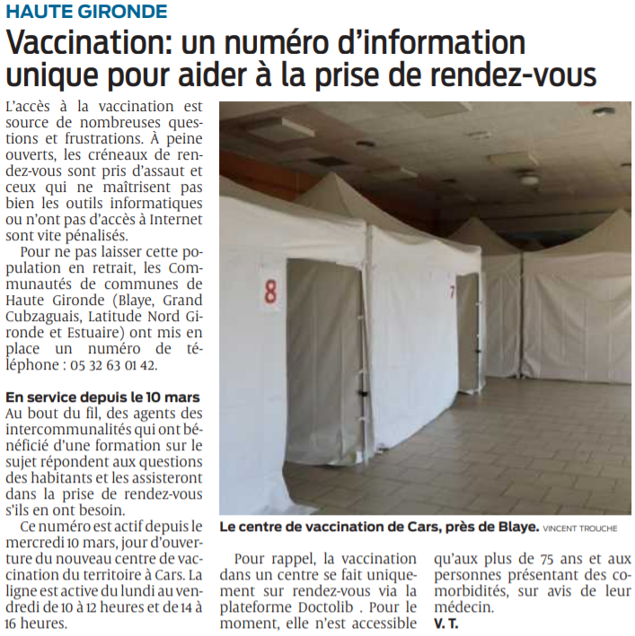 2021 03 12 SO Haute-Gironde Vaccination un numéro d'information unique pour aider à la prise de rendez-vous