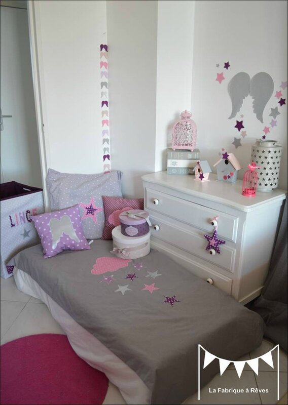 housse couette taie oreiller enfant thème nuage étoiles parme mauve violet argent gris rose