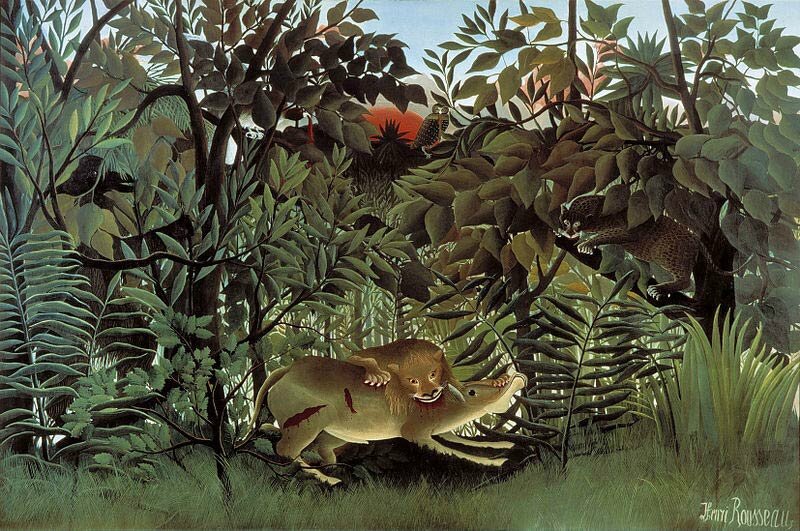 le lion ayant faim se jette sur l'antilope - Le douanier Rousseau