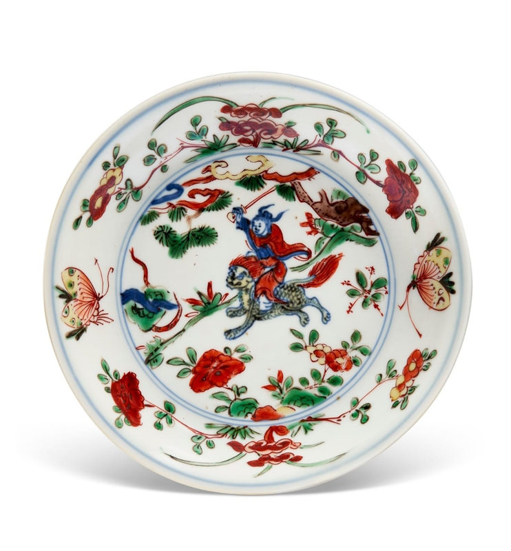 A rare wucai 'Zhang tianshi' dish, Wanli six-character mark in underglaze blue within a double circle and of the period (1573-1619)