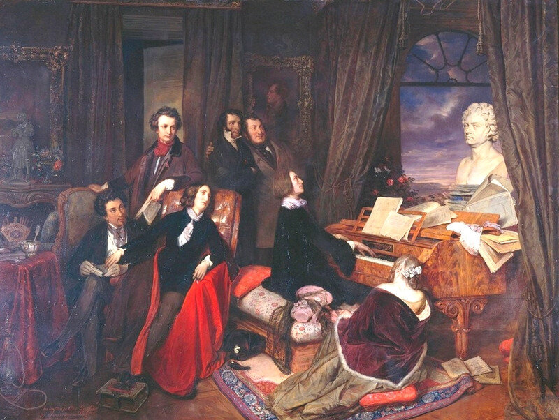 peinture de J. Danhauster, Victor Hugo, Paganini, Rossini, A. Dumas, George Sand et Marie d'Agoult.
