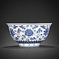 A fine and rare blue and white 'lotus scroll' bowl, <b>Xuande</b> <b>six</b>-<b>character</b> <b>mark</b> and of the period