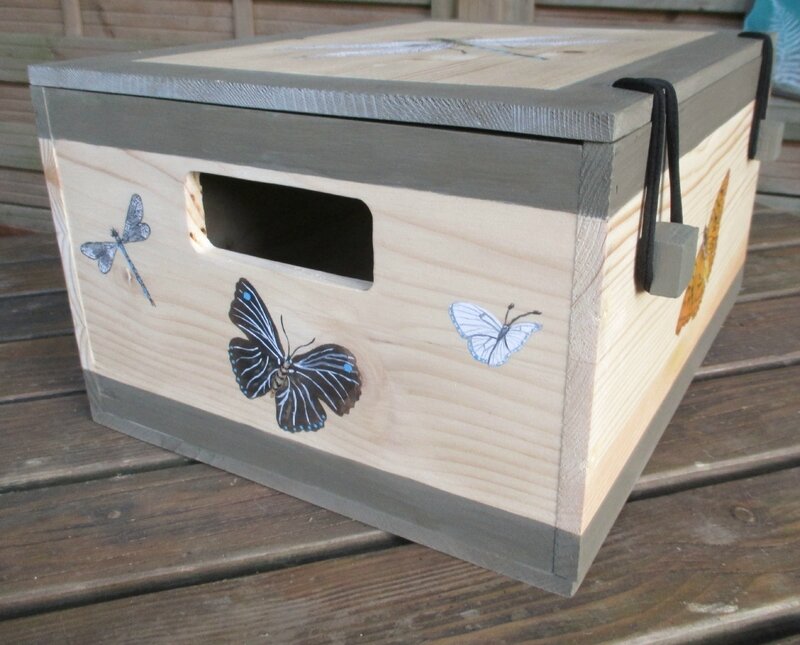 Boîte "Libellules et papillons" (recyclage caisse à vin)