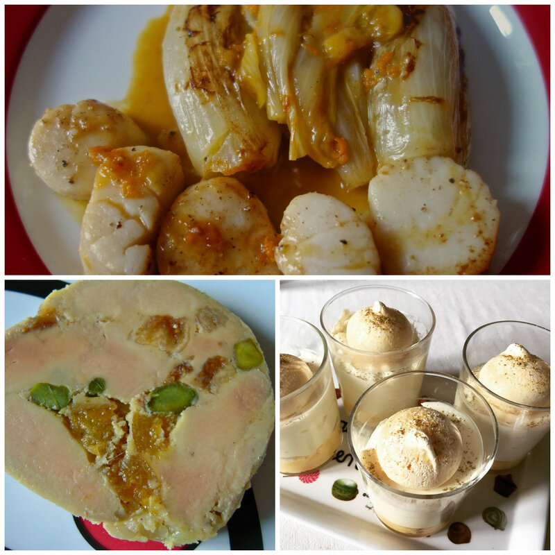 endives braisées à l'orange, noix de Saint-Jacques poêlées