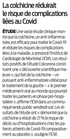 2021 01 24 SO La colchicine réduirait le risque de complications liées au Covid